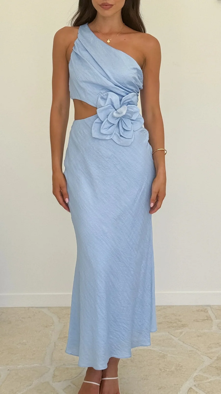 Modern one-shoulder cocktail dress with elegant floral cutout for women. Perfect for special occasions.