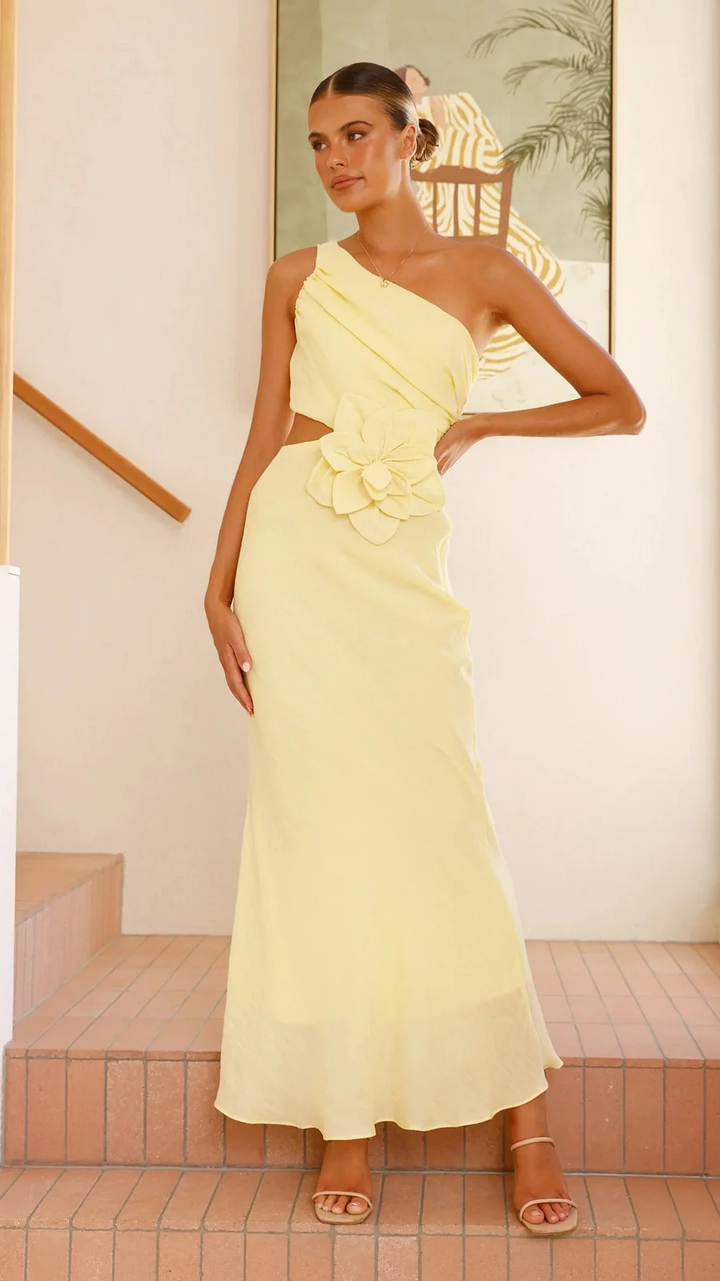 Stylish women's party dress: one-shoulder design with unique floral cutout for an elegant look.