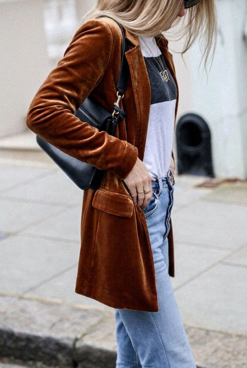Modern women's tailored oversized blazer jacket, great for office fashion or chic casual looks.