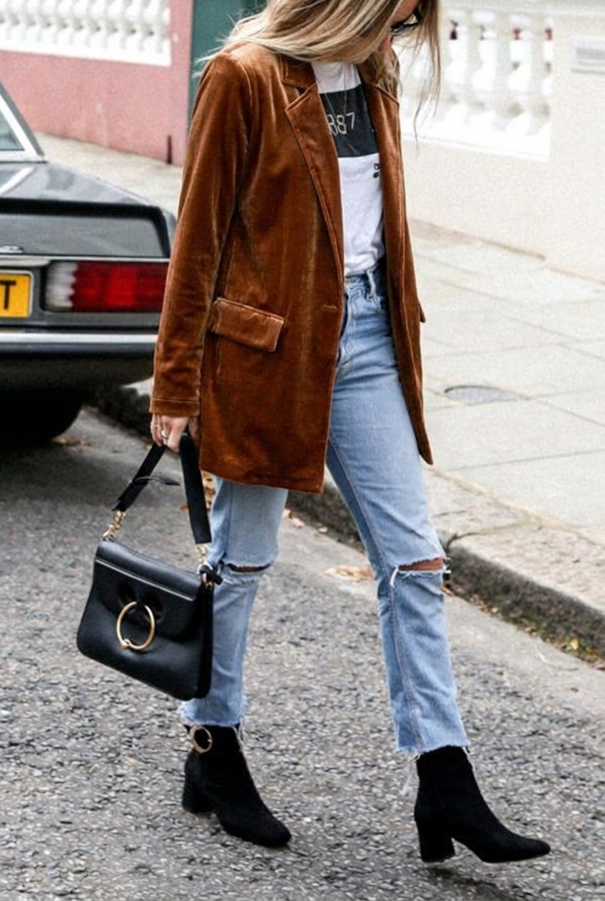 Elegant oversized blazer for women, a comfortable and fashionable layering jacket in a neutral tone.