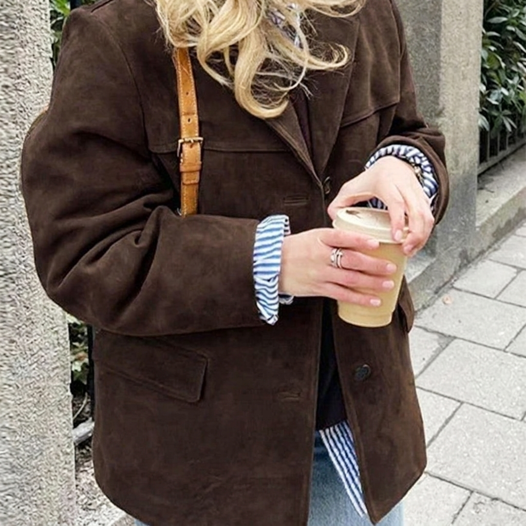 Modern women's oversized blazer, brown, with notched lapel. Perfect chic outerwear for office, casual or layering.
