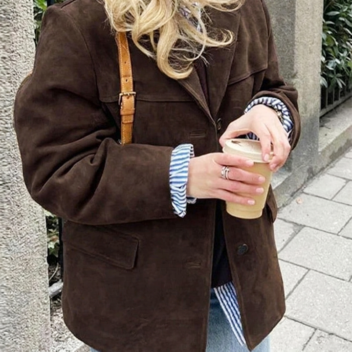 Modern women's oversized blazer, brown, with notched lapel. Perfect chic outerwear for office, casual or layering.