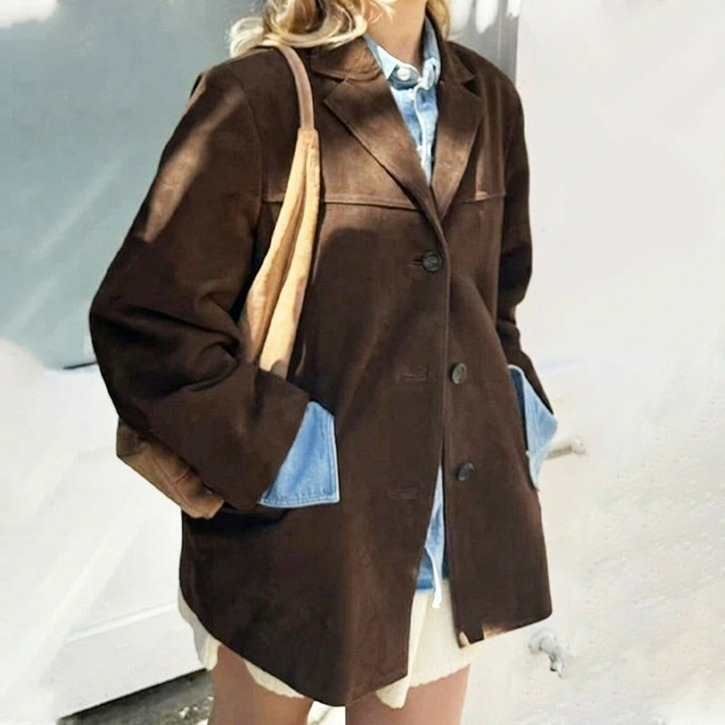 Women's brown oversized blazer with notched lapel & button front. Chic and versatile for office or casual wear.