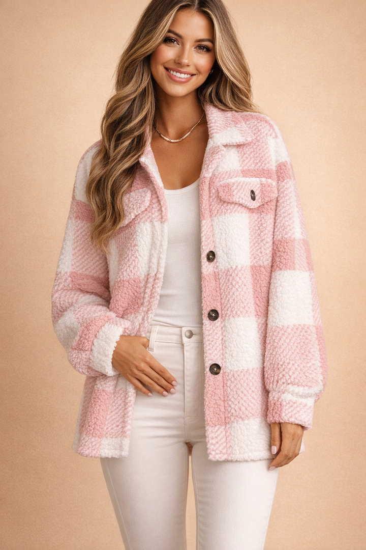 Women's loose fit plaid shacket. Oversized button-front shirt jacket for stylish casual wear & comfortable fall/winter layering.