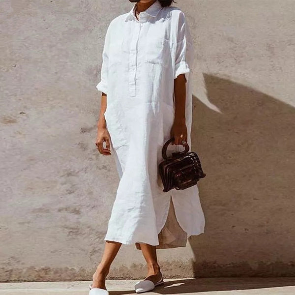 Effortless women's oversized maxi shirt dress, featuring a comfortable relaxed fit for casual summer style.