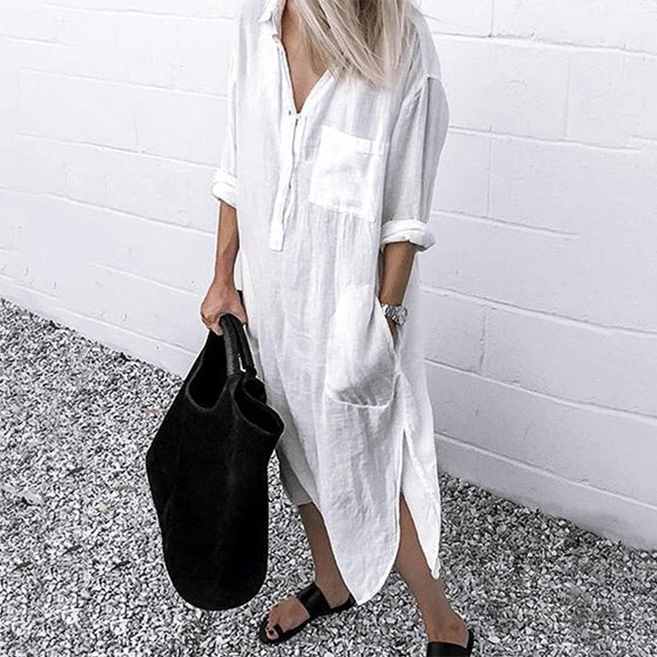 Women's oversized maxi shirt dress with relaxed fit, perfect for casual wear or as a stylish beach coverup.