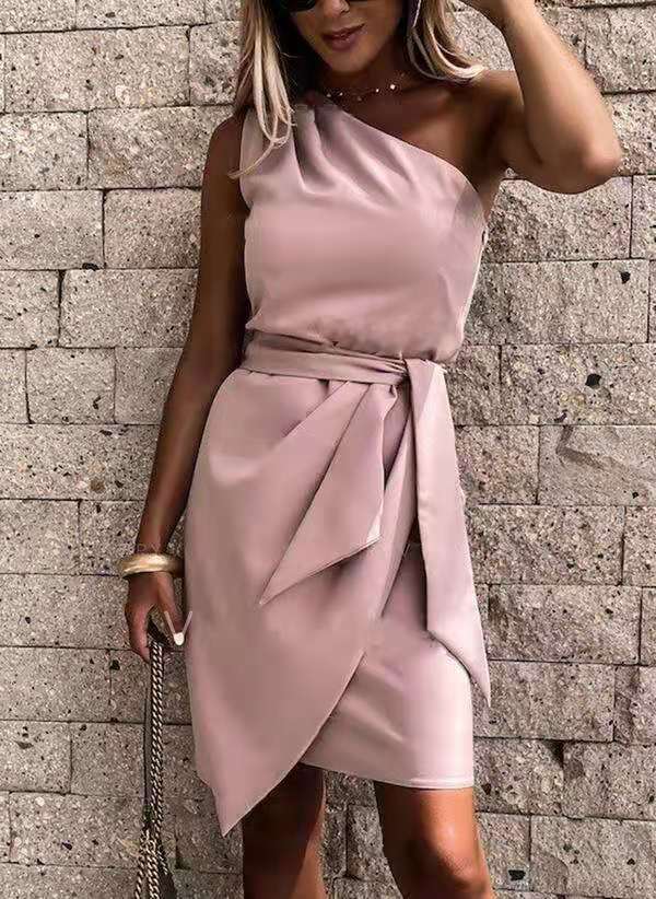 Elegant women's one-shoulder midi party dress, with a flattering tie waist detail, suitable for evening events.