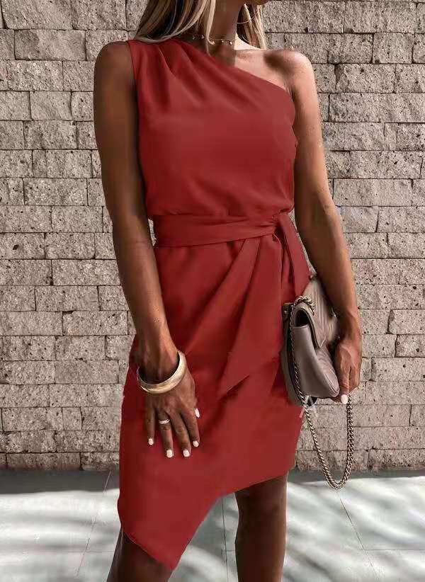 Sophisticated women's one-shoulder midi dress with a chic tie waist. Ideal elegant party or cocktail occasion wear.