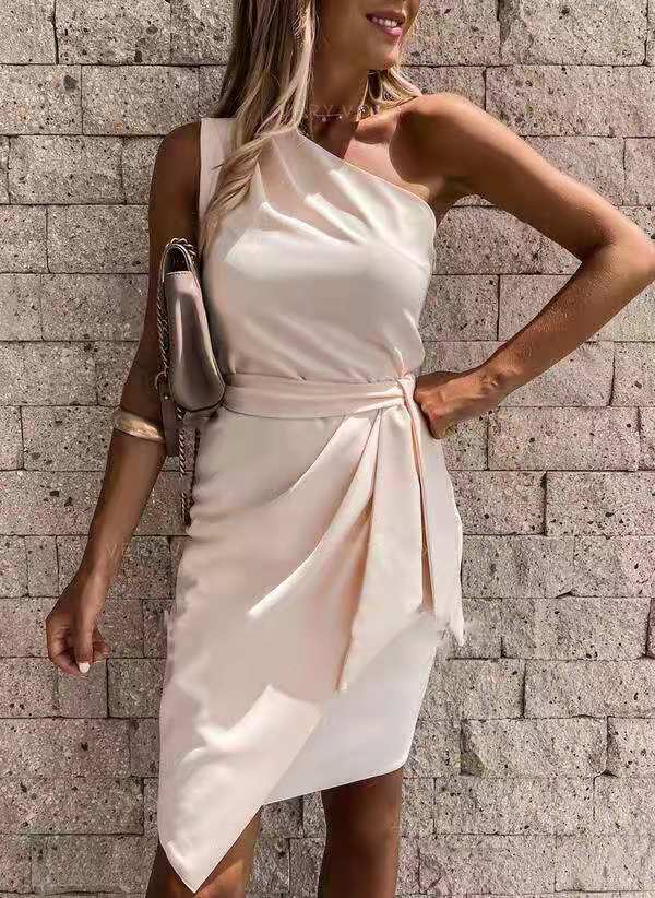 Women's elegant one-shoulder midi party dress with chic tie waist. Perfect for cocktails & special occasions.