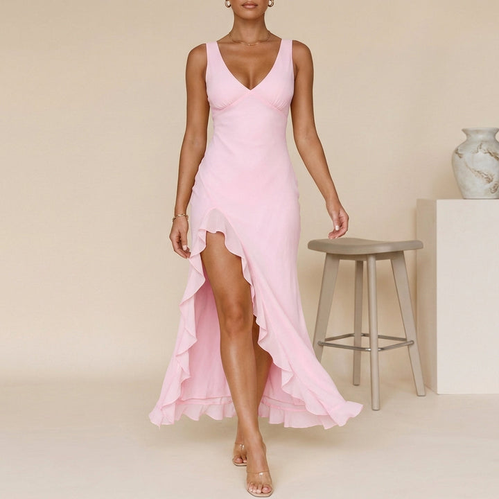 Elegant pink V-neck maxi dress for women with ruffled details and a stylish slit, perfect for formal occasions.