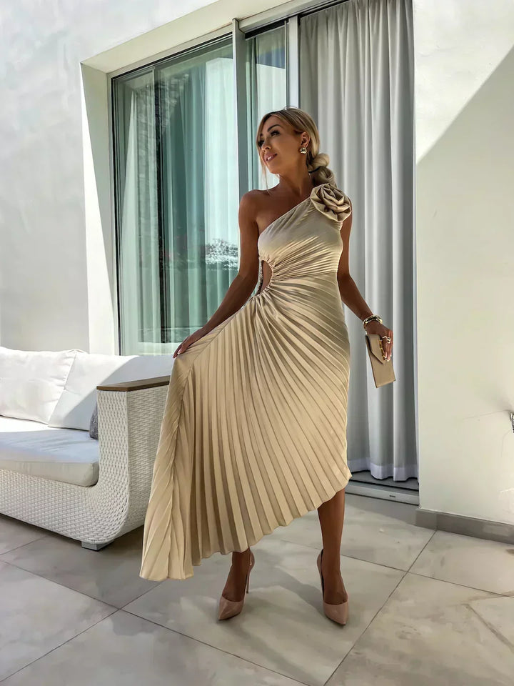 Versatile women's one shoulder maxi dress. Suitable for formal parties or races, with pleats & a gorgeous 3D rosette.