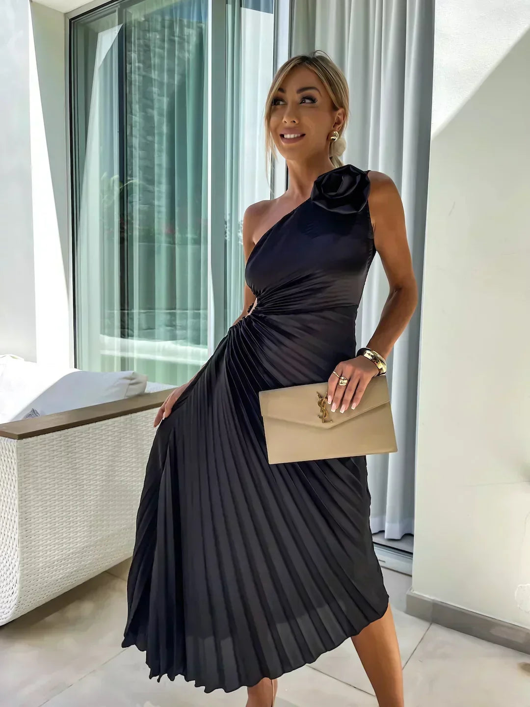 Gorgeous women's one shoulder maxi dress, perfect for race day or formal events. Features delicate pleats & 3D rosette.