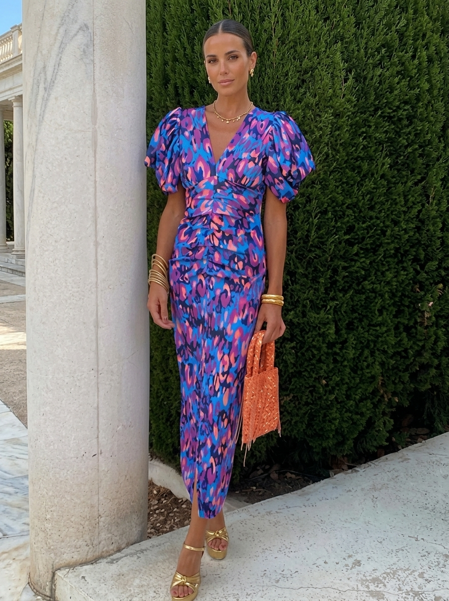 Beautiful women's floral midi occasion dress, elegant design with puff sleeves for special events.