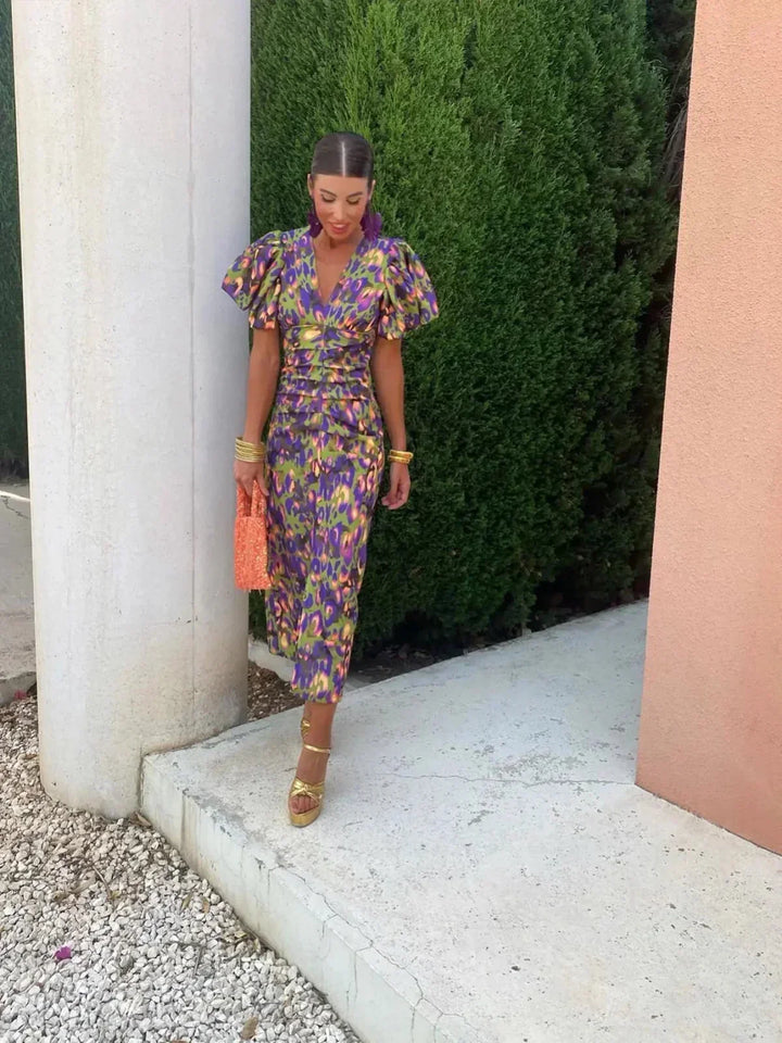 Women's elegant V-neck floral midi dress, puff sleeves, a must-have for spring & summer occasions.