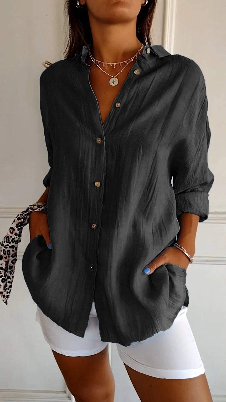 Styling a womens relaxed fit long sleeve shirt for a laid-back vibe