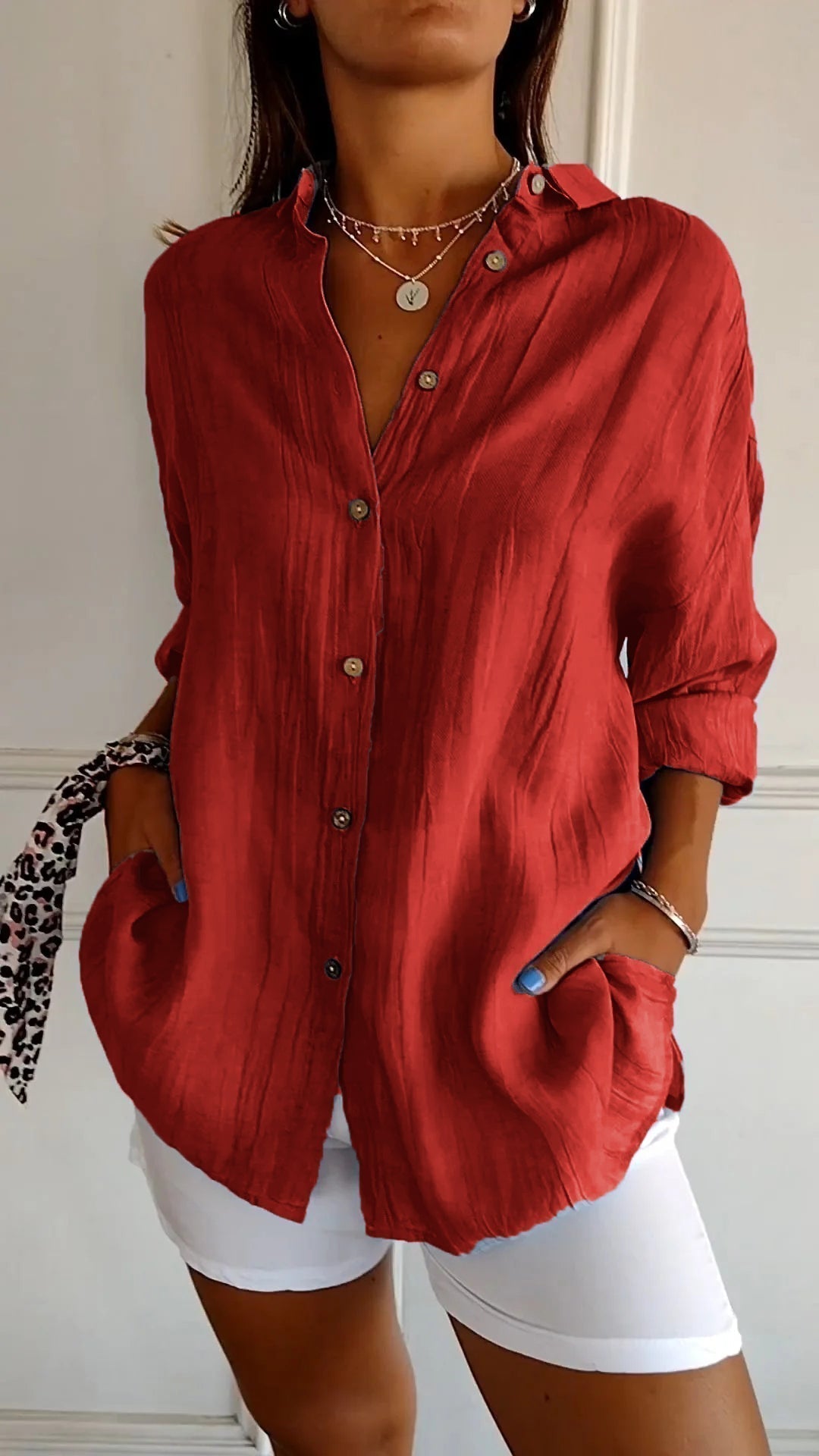 Womens navy blue long sleeve button-up shirt, perfect for layering