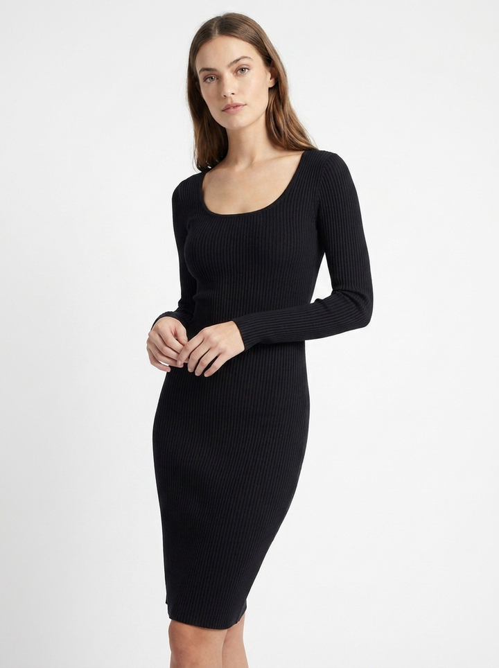 Elegant women's long sleeve midi dress, a chic scoop neck knit perfect for versatile fall outfits.