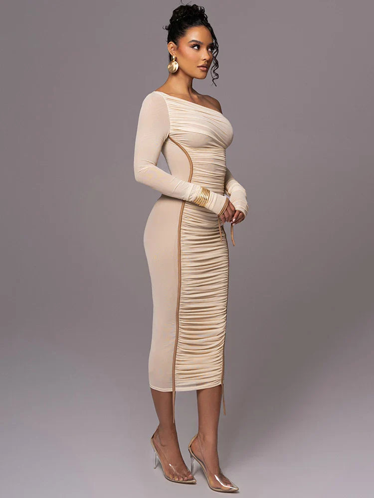 Elegant ruched one-shoulder formal dress for evening events & special occasions.