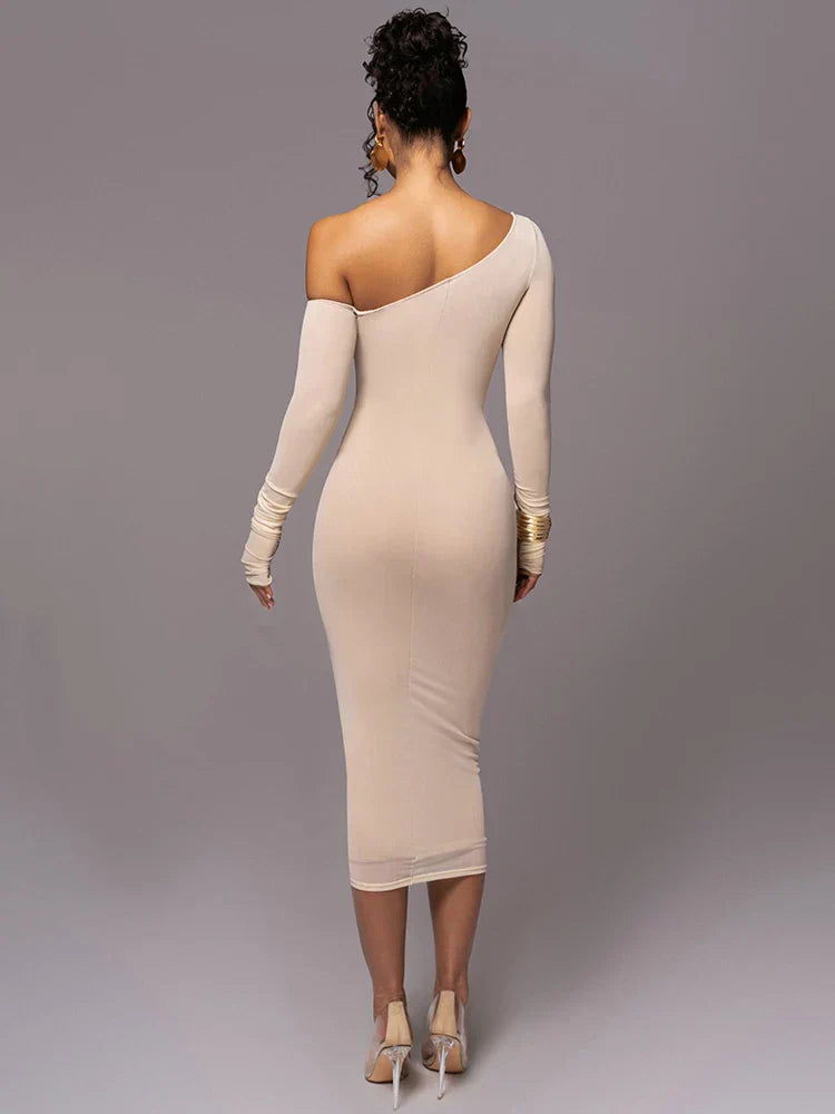 Stylish one-shoulder long sleeve cocktail dress with elegant ruching, ideal for parties.