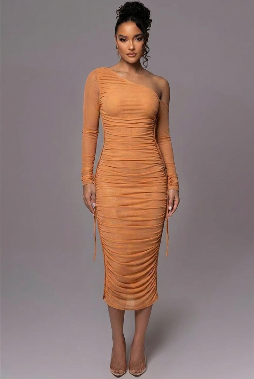 Women's ruched one-shoulder midi dress, a sophisticated long sleeve option for wedding guests.