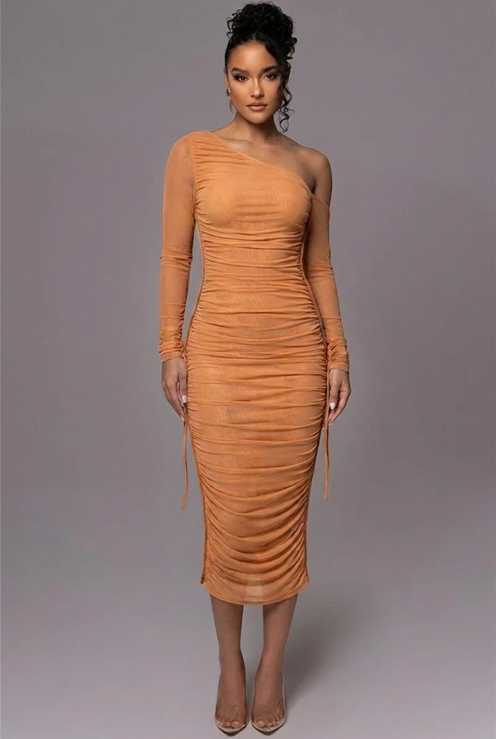 Women's ruched one-shoulder midi dress, a sophisticated long sleeve option for wedding guests.