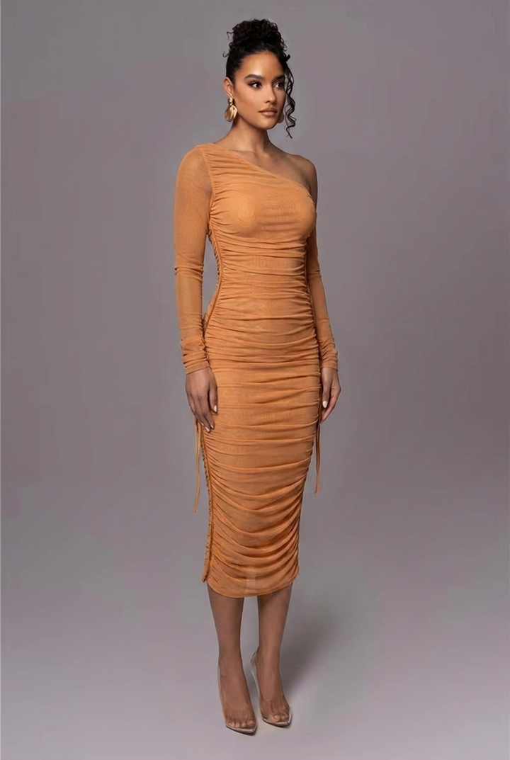 Formal long sleeve ruched one-shoulder evening dress for women, chic & flattering.