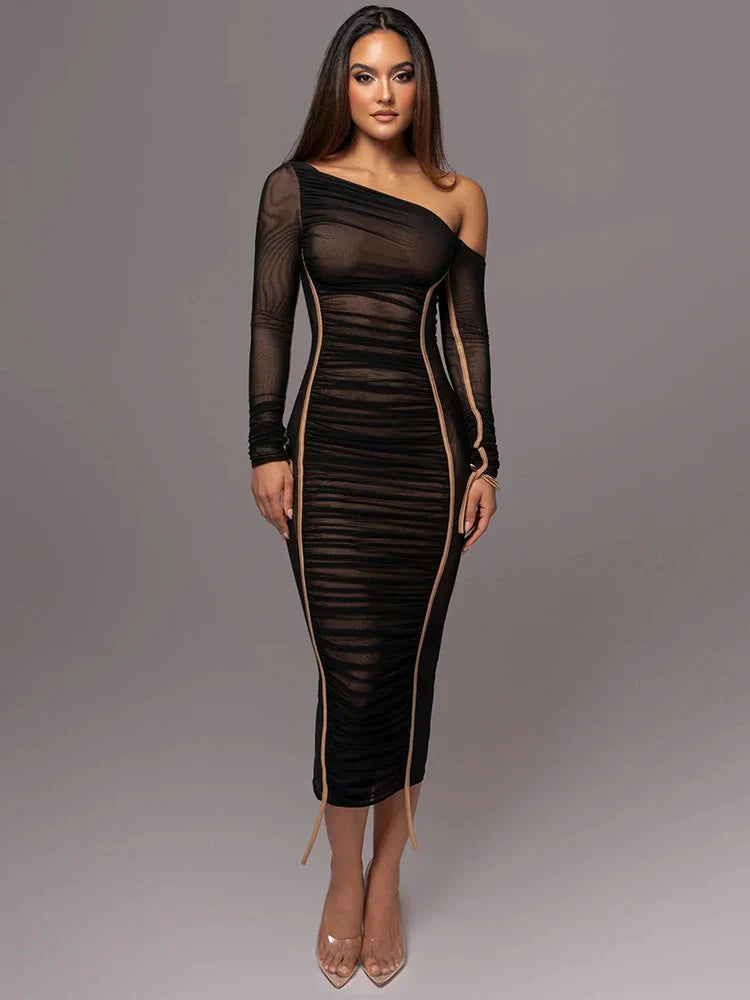 Special occasion ruched one-shoulder long sleeve evening dress, elegant & modern.