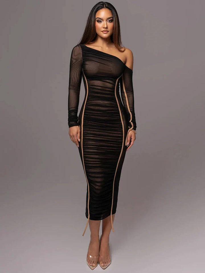 Special occasion ruched one-shoulder long sleeve evening dress, elegant & modern.