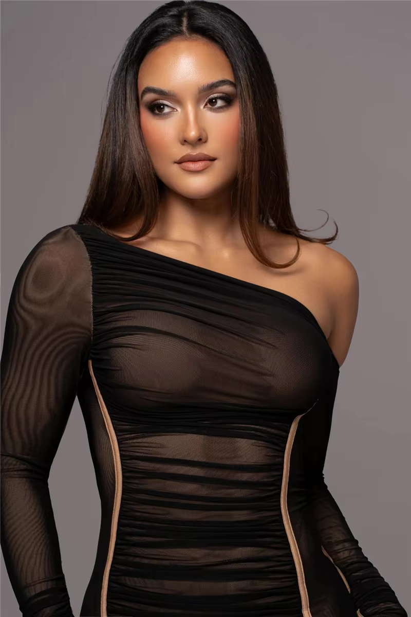 Women's ruched one-shoulder long sleeve midi dress, an elegant formal option.