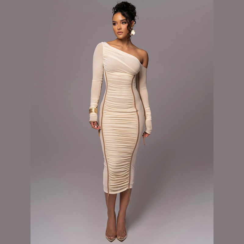 Women's ruched one-shoulder long sleeve evening dress.