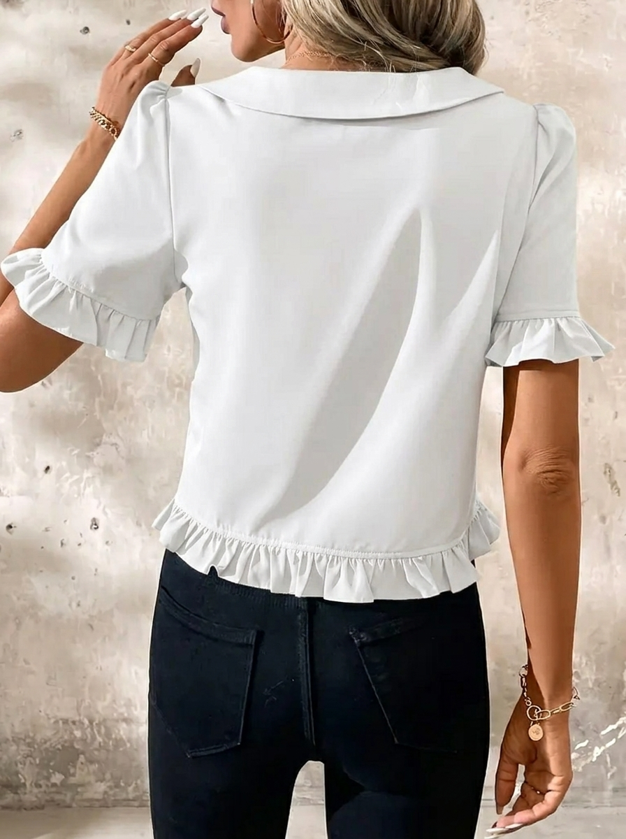Classic women's collar blouse with charming ruffle hem, short puff sleeves, and front button closure.