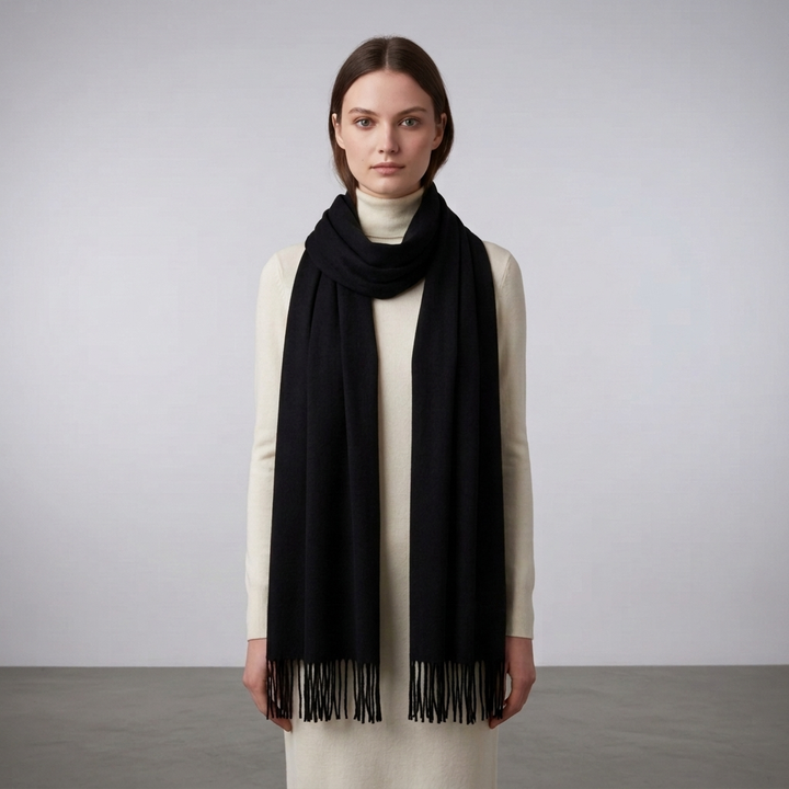 Classic solid color women's winter scarf; warm fashion wrap with elegant tassel fringe.