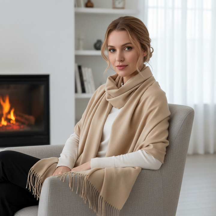 Women's solid winter scarf with elegant tassel trim; warm & cozy fashion accessory for her.