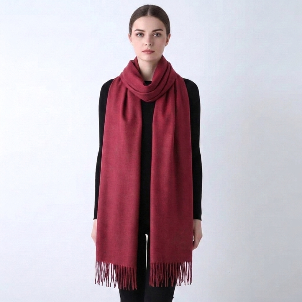 Women's warm solid winter scarf, elegant design with tassel trim; a cozy fashion wrap.
