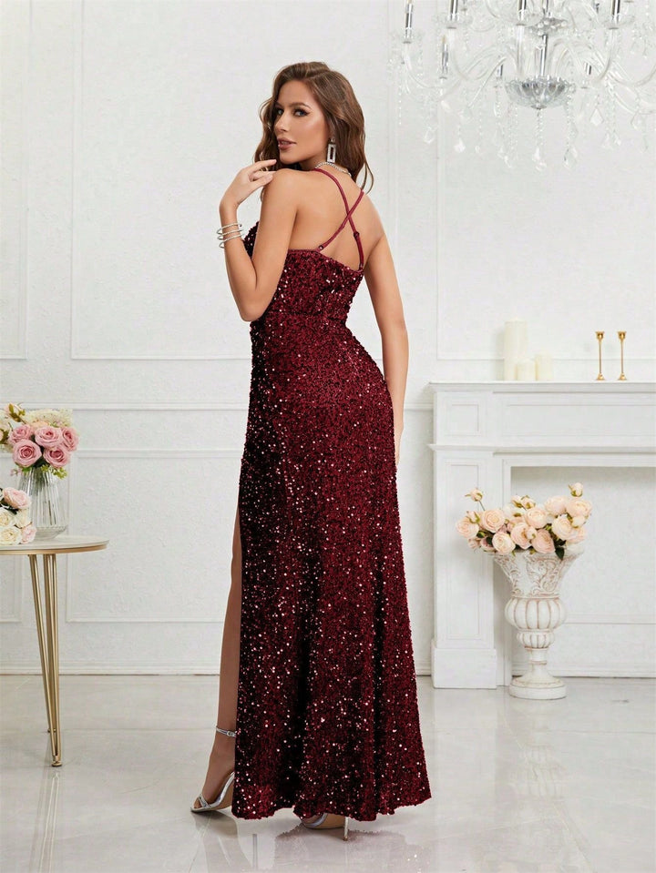 Glamorous women's sequin gown. Full-length, bold V-neck, and a striking leg slit for parties.