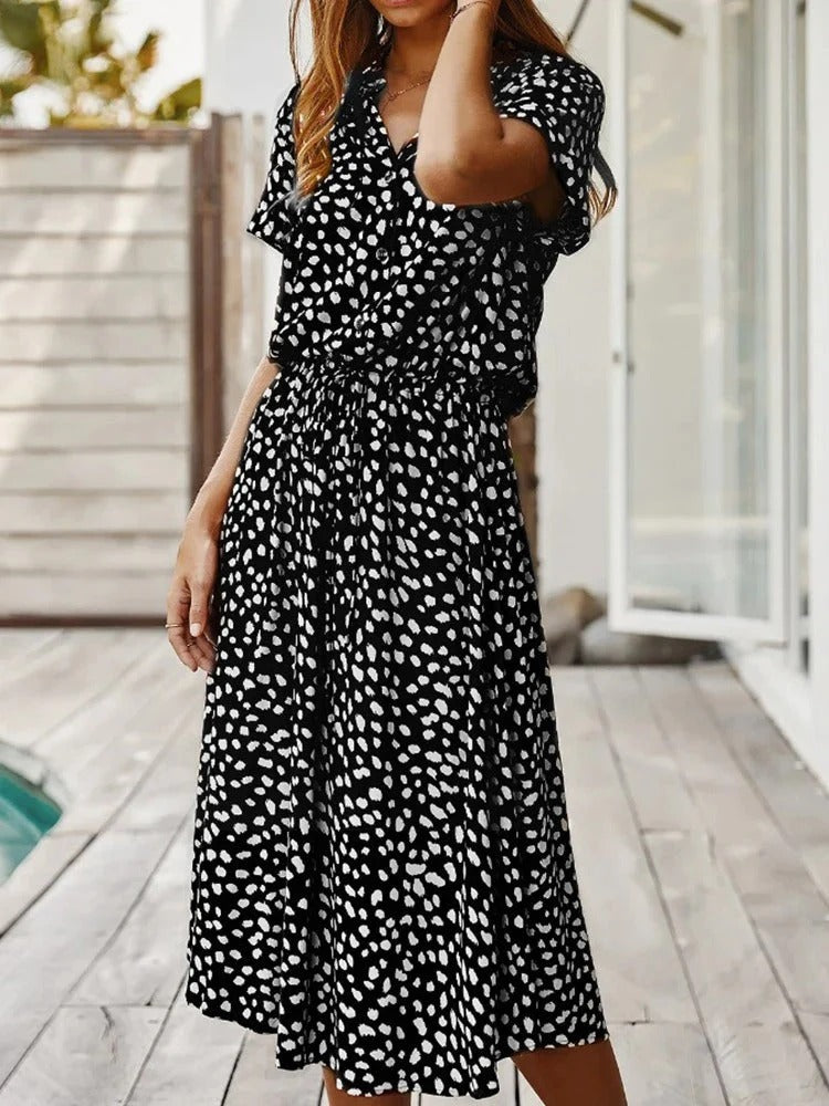 Lightweight women's spot print midi shirt dress, collared, perfect for warm spring & summer days.