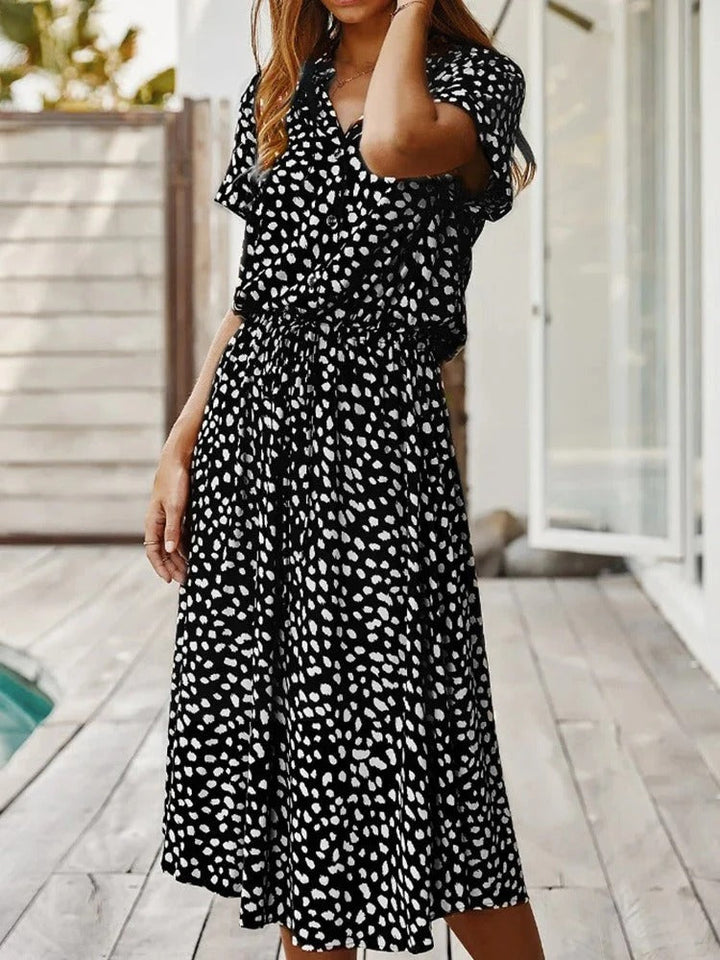 Lightweight women's spot print midi shirt dress, collared, perfect for warm spring & summer days.