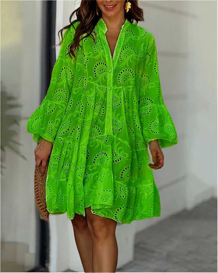 Versatile women's eyelet ruffle hem shirt dress. A trendy V-neck mini dress for chic casual or party summer outfits.
