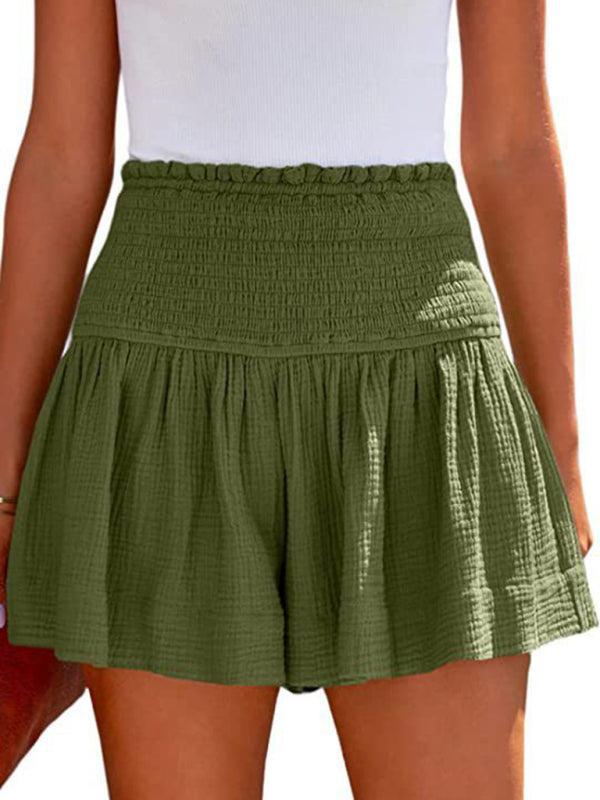 Relaxed fit women's high-waisted shorts featuring a comfortable smocked waistband for summer.