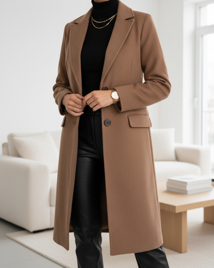 Stylish women's long trench coat, single-breasted with notched lapel. Versatile outerwear for elegant fall & spring looks.