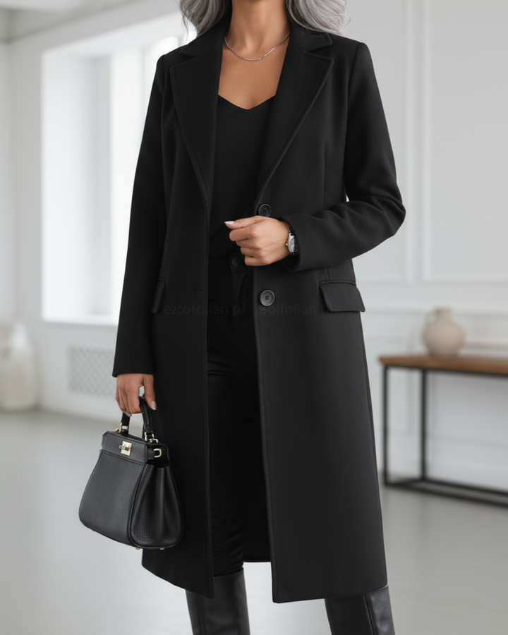 Classic women's long trench coat featuring a notched lapel. Elegant single-breasted outerwear, perfect for fall fashion.