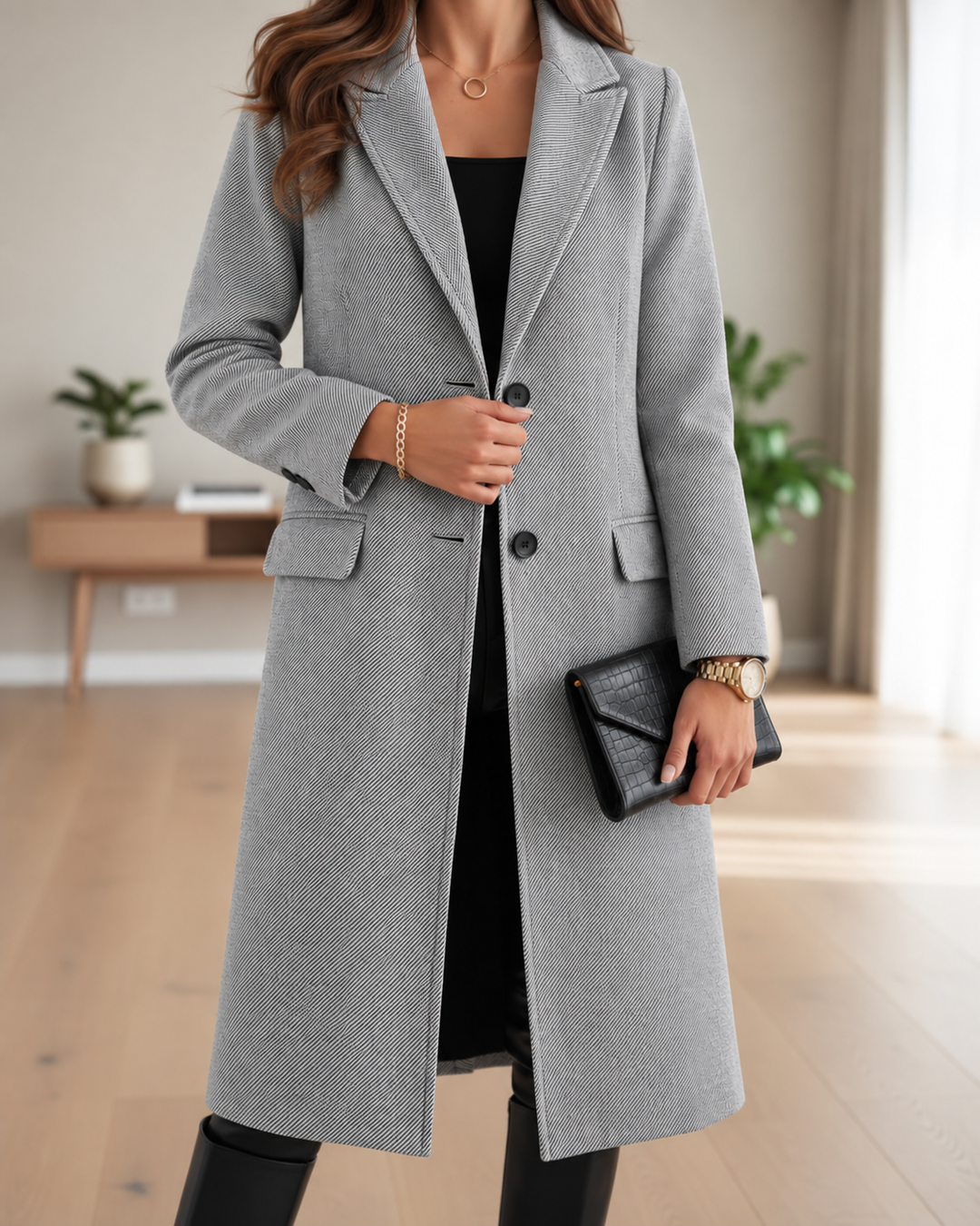Women's elegant long trench coat with notched lapel. Classic single-breasted outerwear for fall & spring fashion.