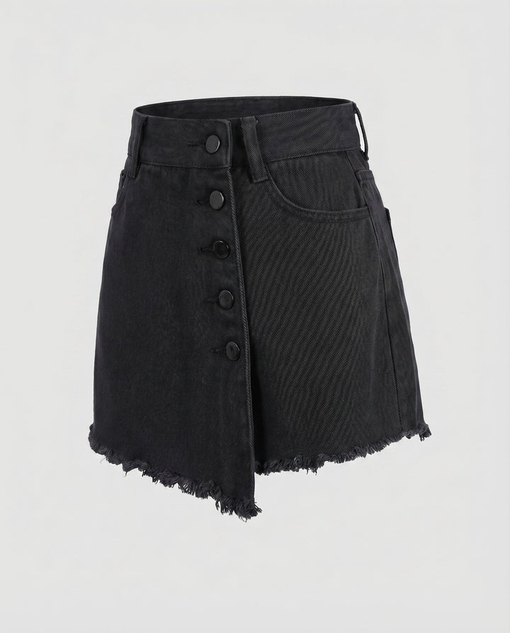 Women's asymmetric skort with button front, raw hem. Versatile for chic casual summer outfits.