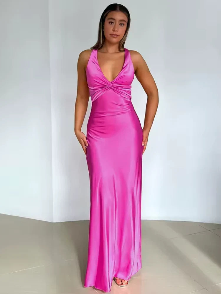 Red elegant women's sleeveless maxi cocktail dress with a beautiful bow back. Great for special occasions.