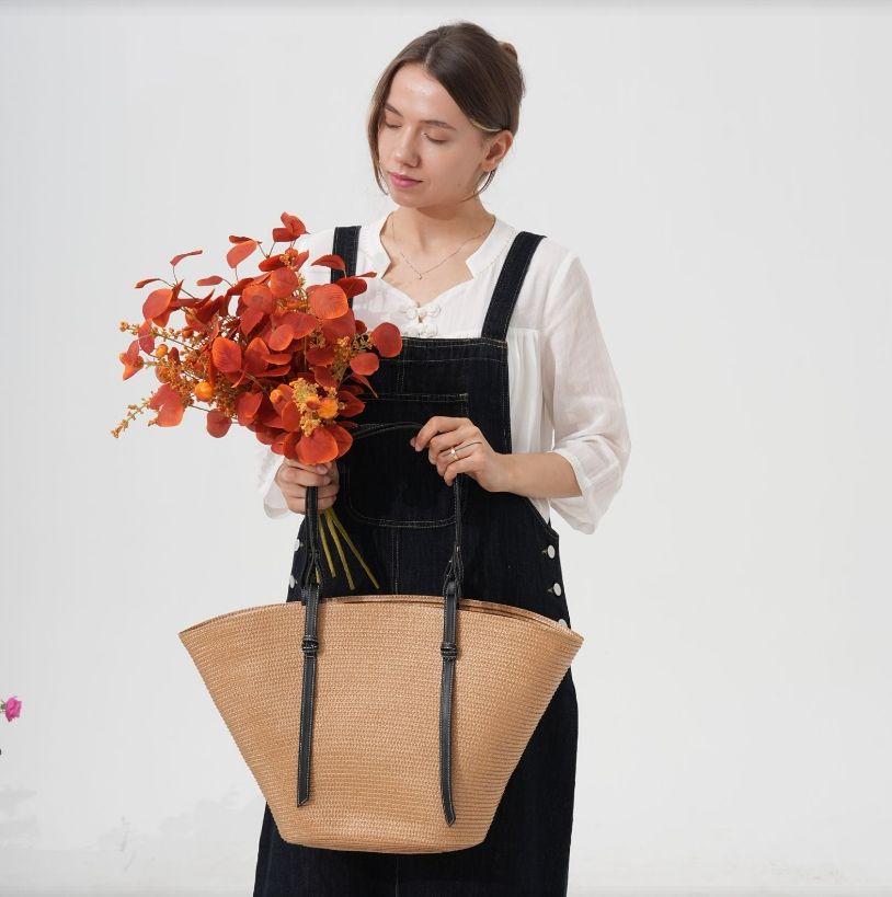 Chic khaki woven shopper tote bag for women, showcasing a relaxed summer style for beach and daily use.