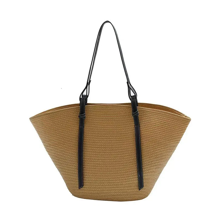 Durable khaki woven tote bag for women, perfect for beach trips, shopping, and carrying daily essentials.