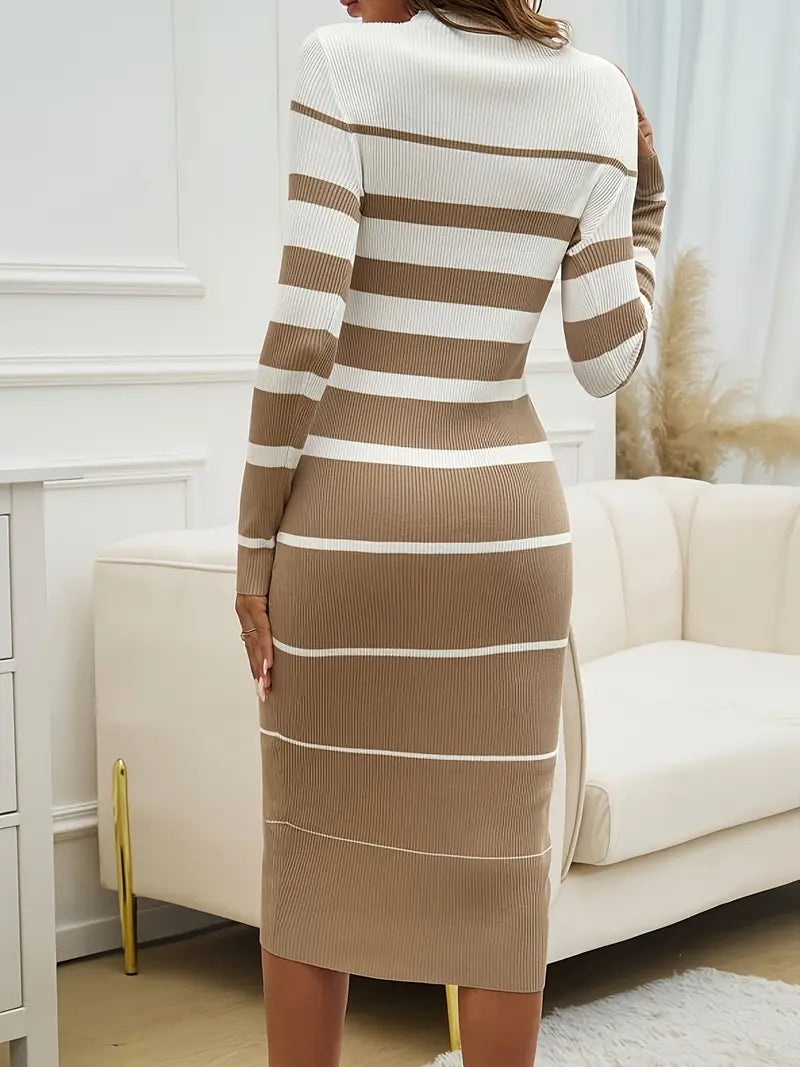 Comfortable & elegant women's striped long sleeve knit midi dress, perfect for fall fashion.