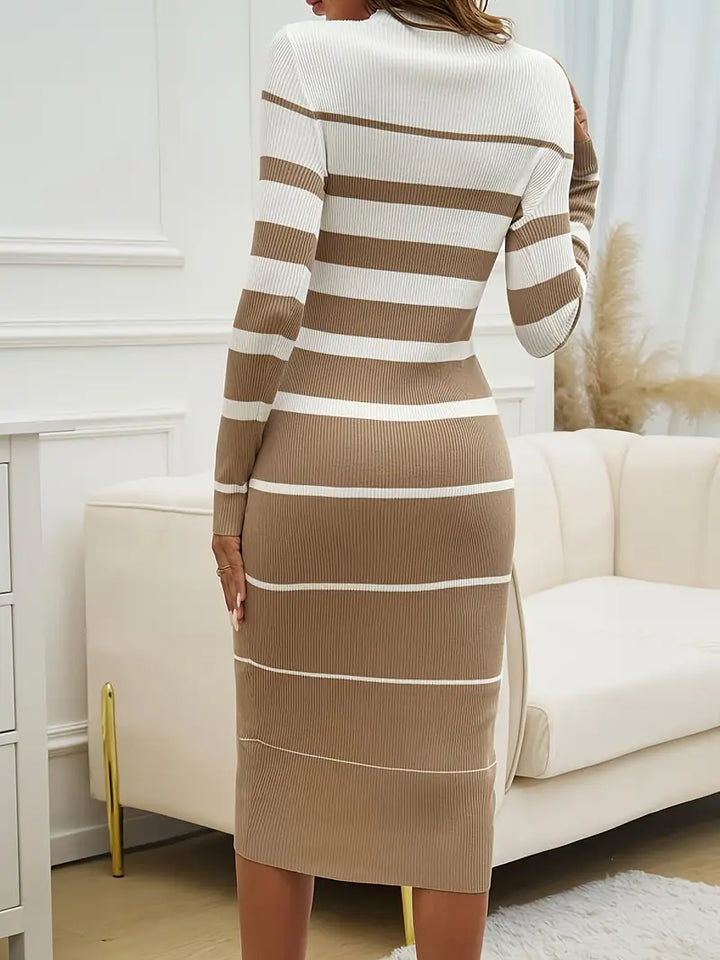Comfortable & elegant women's striped long sleeve knit midi dress, perfect for fall fashion.