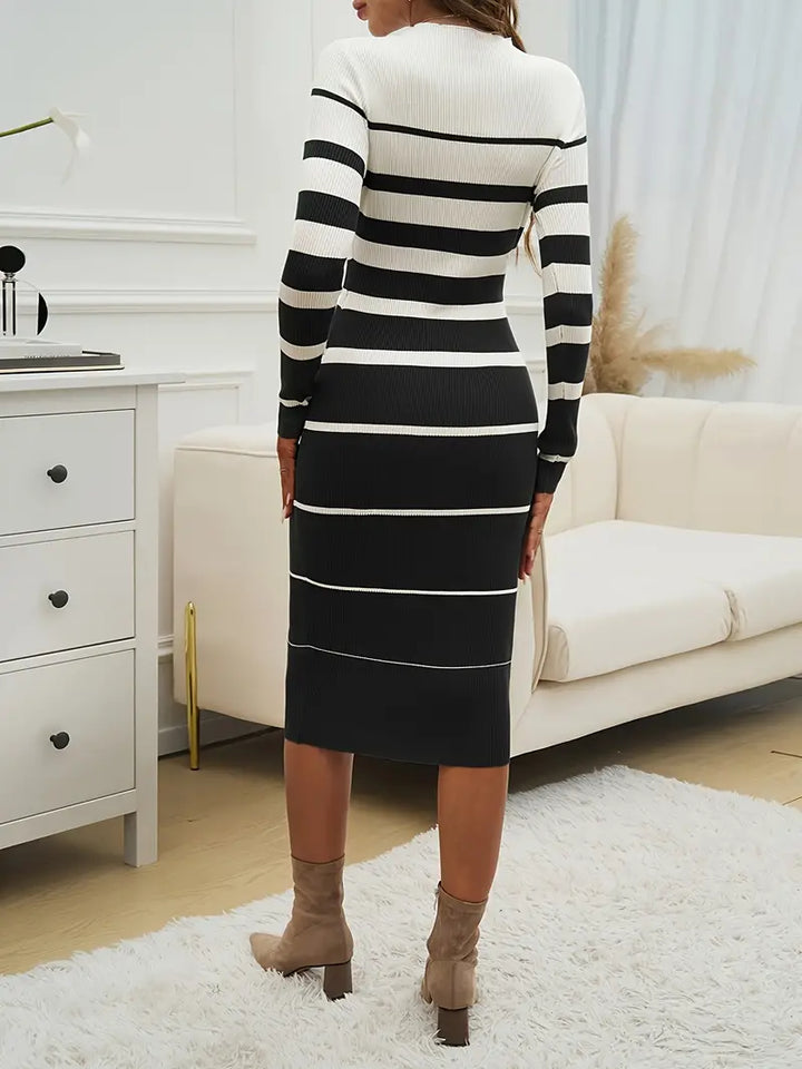 Warm women's striped long sleeve knit midi dress, perfect winter dress for women.