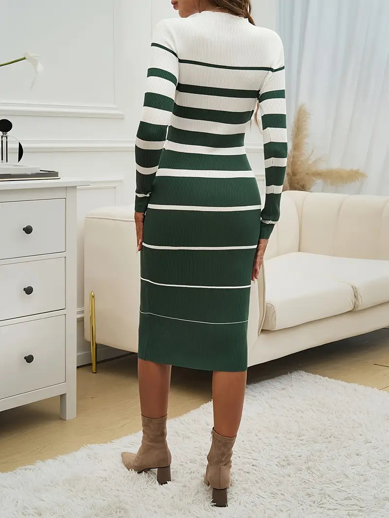 Professional women's striped long sleeve knit midi dress, ideal for office and business casual.